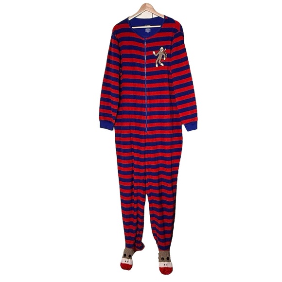 Nick & Nora Striped Monkey Footsie One Piece Jumpsuit PJ Size XXL Red Blue Zip - Picture 1 of 13